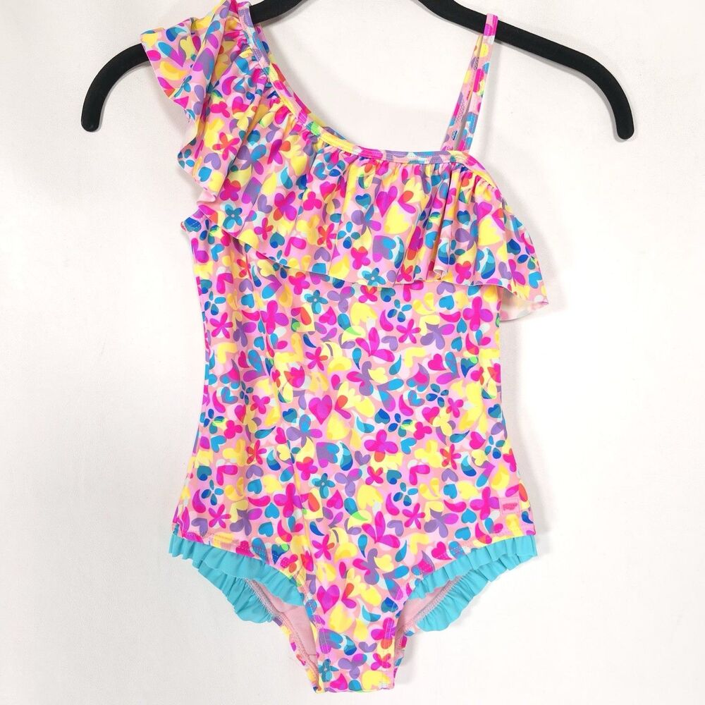 RuffleButts Girls 7 Vibrant Floral Neon One shoulder Swimsuit Ruffles UPF 50+